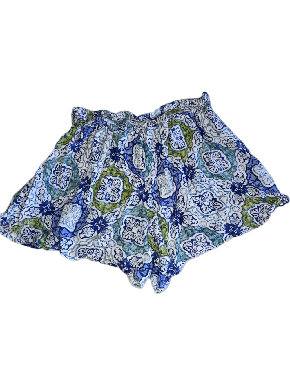 Lovestitch Blue & Green Mosiac Pattern Smocked Boho Shorts Womens Size Medium
